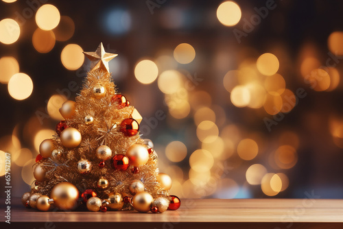 Sparkling Christmas Tree with Festive Red and Gold Ornaments Among Bokeh Lights