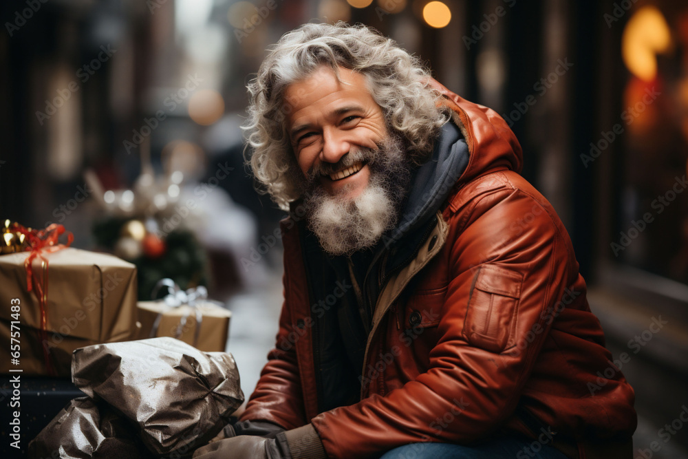 Smiling homeless people in shelter receive charity donations, man ir red jacket and Christmas gift boxes