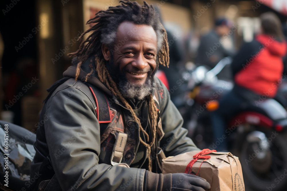 Smiling homeless people receive charity donations, Christmas gift boxes