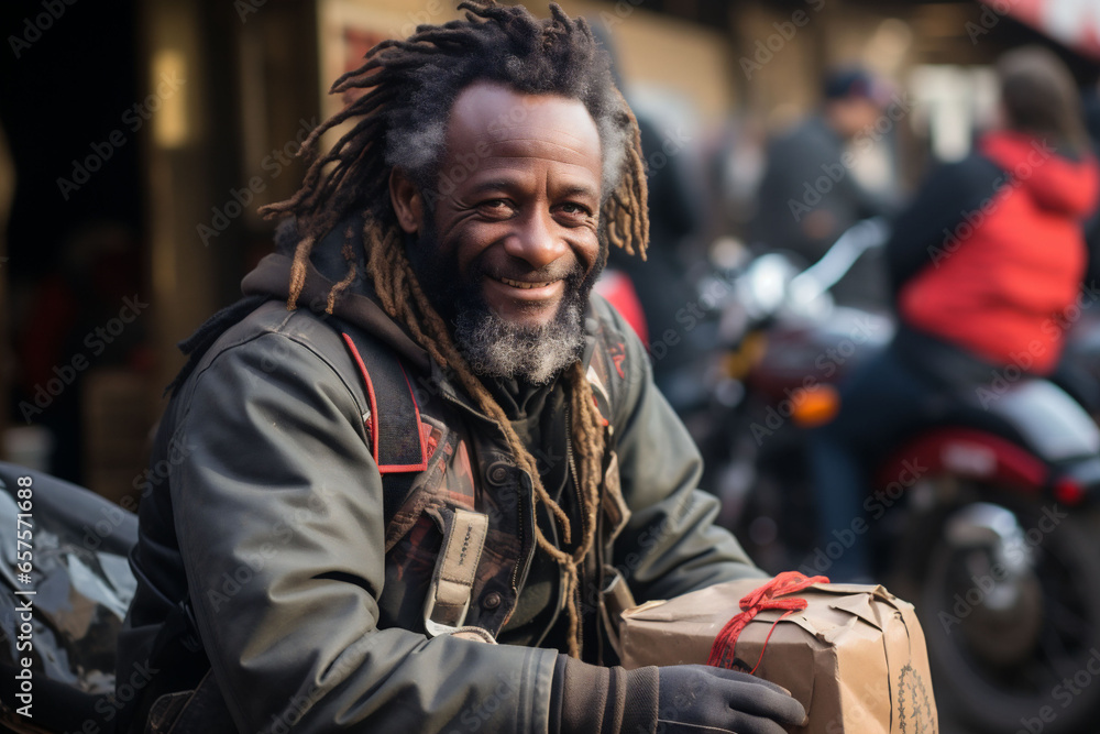 Smiling homeless people receive charity donations, Christmas gift boxes Smiling homeless people receive charity donations, Christmas gift boxes