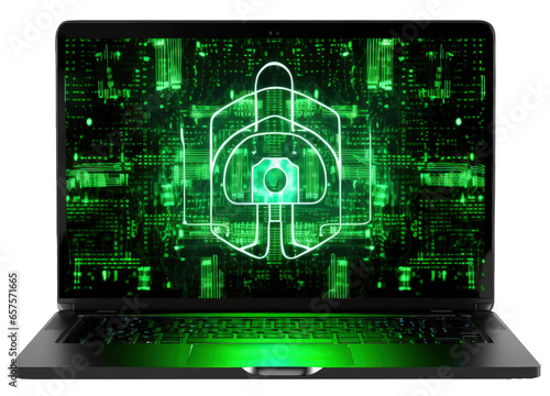 laptop with green digital padlock as a concept for cyber security and data protection isolated on a white background as transparent PNG