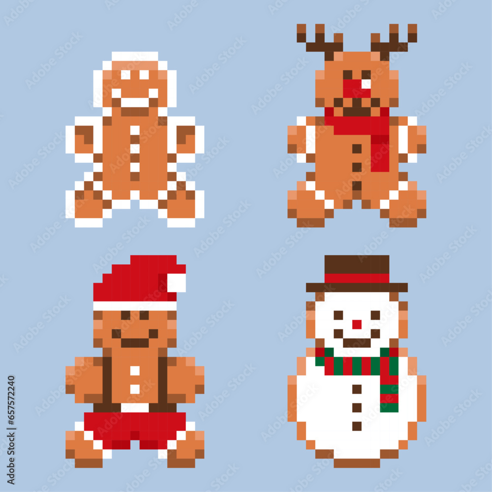 Christmas gingerbread pixel art set. Isolated icons with gingerbread, deer, snowman in 16-bit old style. Vector illustration of New Year elements.