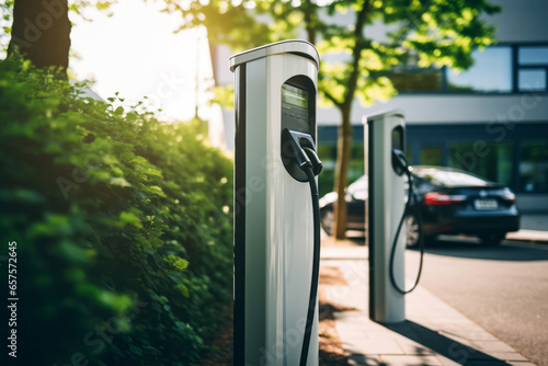 公園にある電気自動車(EV)を充電するための最新テクノロジーを駆使した急速充電スタンド