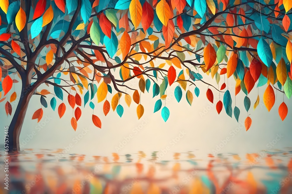 Colorful tree with leaves on hanging branches illustration background. 3d abstraction wallpaper . Floral tree with multicolor leaves