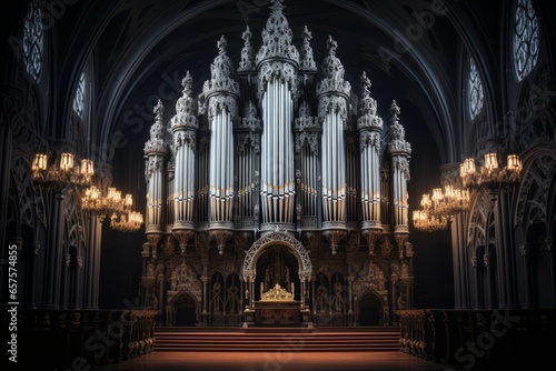 Church's towering organ pipes, capturing the essence of its music, Generative AI