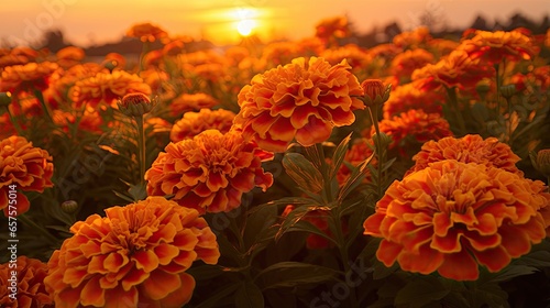  a field of orange flowers with the sun setting in the background.  generative ai
