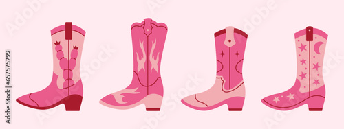 Vector set of different pink retro cowgirl boots. Wild west and Texas concept. Cowboy fashion boots. Vintage western collection. Girl power.
