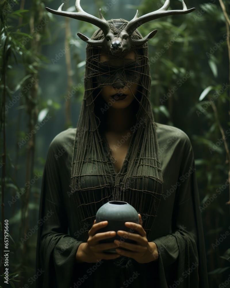 Φωτογραφία A mysterious woman stands amongst the trees in the forest, cloaked in clothing a