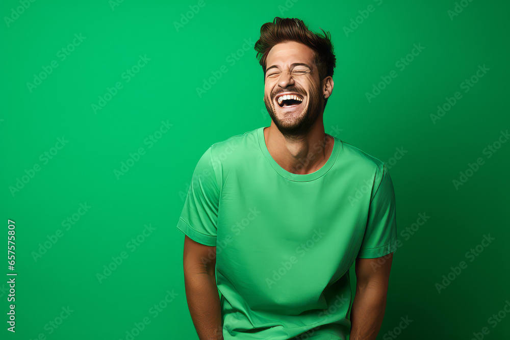 Fototapeta premium Ultra handsome man, model, smiling and laughing, wearing bright clothes. Bright solid green and yellow isolated background.