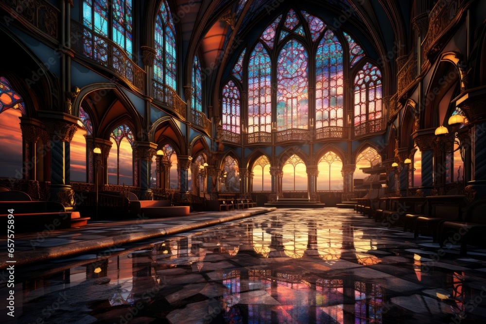 Gothic cathedral's intricate stained glass windows bathed in soft, ethereal light, Generative AI