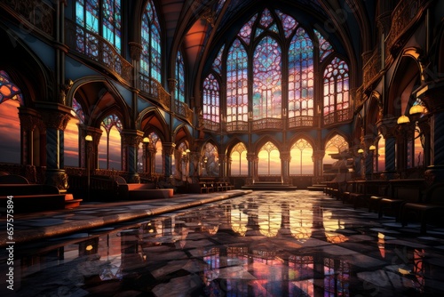 Gothic cathedral s intricate stained glass windows bathed in soft  ethereal light  Generative AI