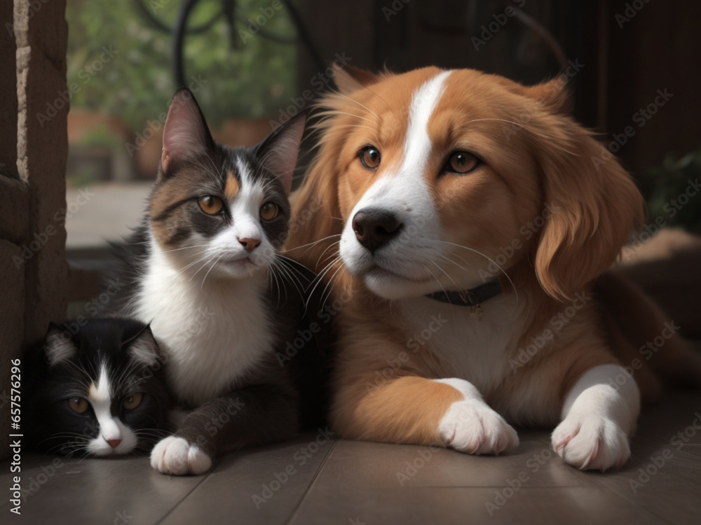 Adorabile cane e gattino che giacciono insieme in un abbraccio amorevole - intelligenza artificiale generativa