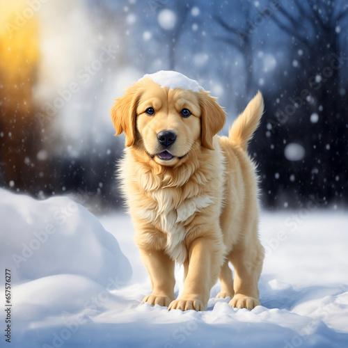 Golden Retriever puppy with expressive eyes and a wagging tail, eagerly waiting for its owner in a snowy winter landscape