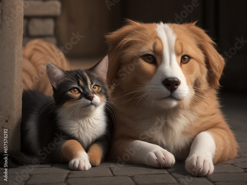 Adorabile cane e gattino che giacciono insieme in un abbraccio amorevole - intelligenza artificiale generativa photo