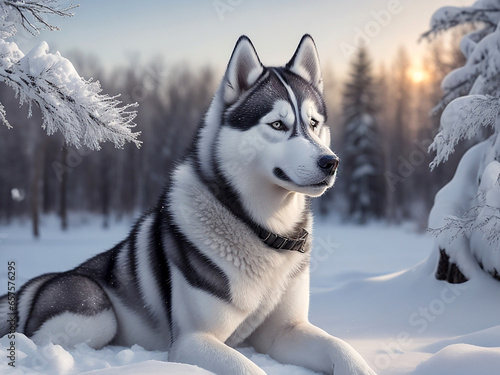 Siberian Husky in a snowy winter landscape  capturing its majestic appearance.