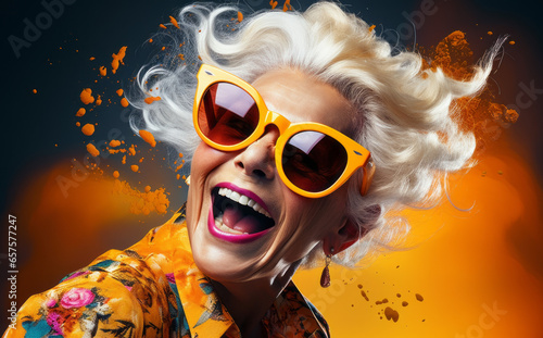 Old lady Surprised and excited, opening eyes and mouth in outrageous party clothing and bright sunglasses, Bright solid orange and purple color background