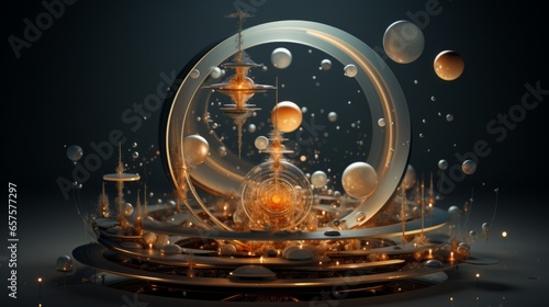 An explosion of bubbly circles and spheres of gold and silver create a dazzling art piece that radiates warmth and wonder