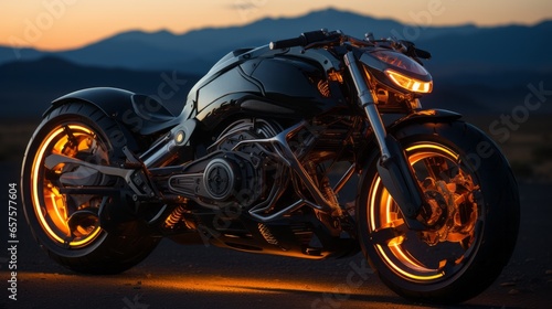 A majestic orange-glowing motorbike stands poised against a picturesque backdrop of a blazing sunset, beckoning all daring riders to embark on an exhilarating adventure down the open road