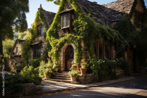 Small village church with a charming, ivy covered façade, Generative AI
