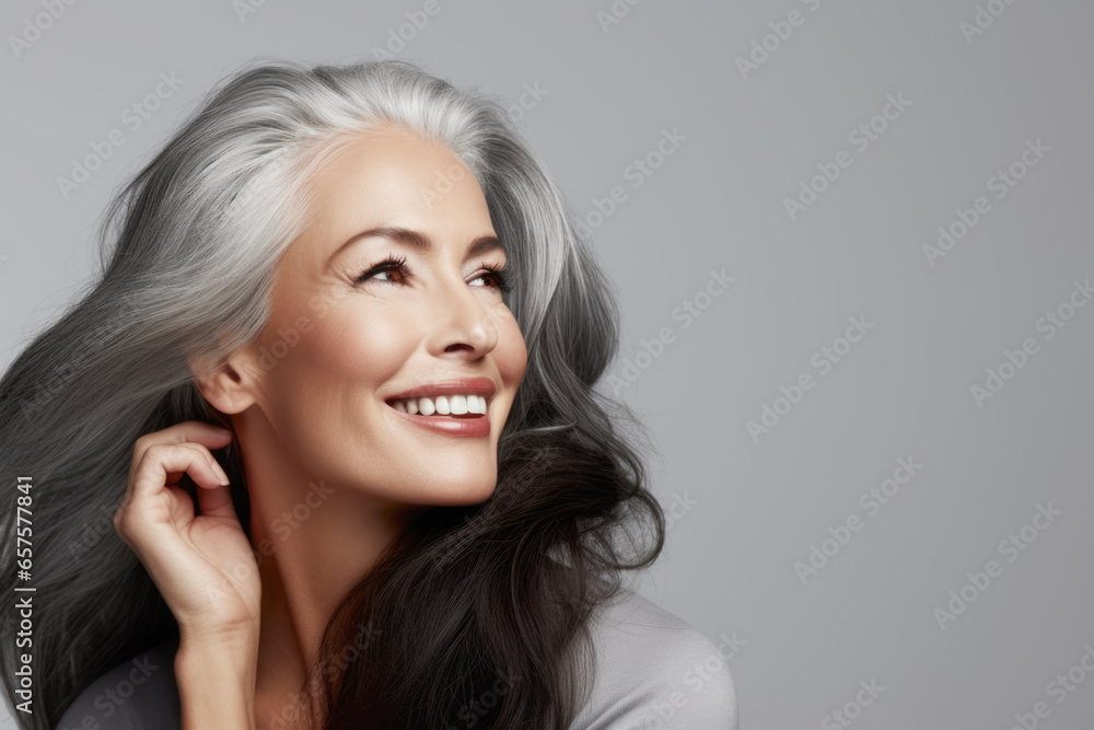 Portrait of a beautiful ageing mature woman with long grey hair. Healthy face and skin care beauty, cosmetics, cosmetology concept. Portrait of a beautiful ageing mature woman with long grey hair. Healthy face and skin care beauty, cosmetics, cosmetology concept.