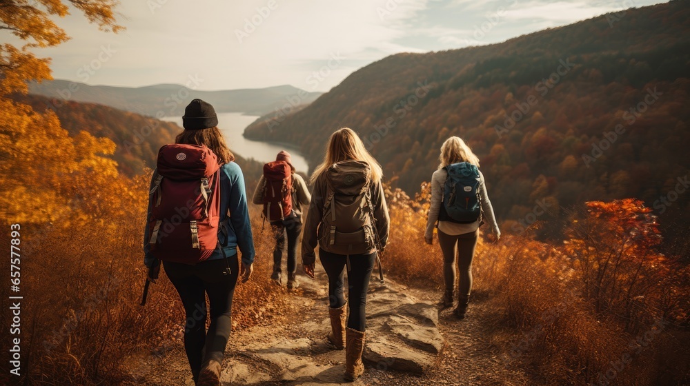 Adventurous Group Hiking with Backpacks on Scenic Trail