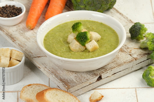 brocolli green fresh soup on white table top