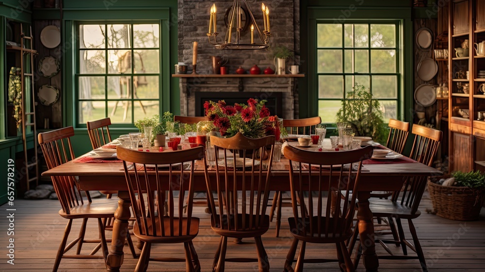 Country dining room with a long wooden table, spindle-back chairs, and a rustic chandelier