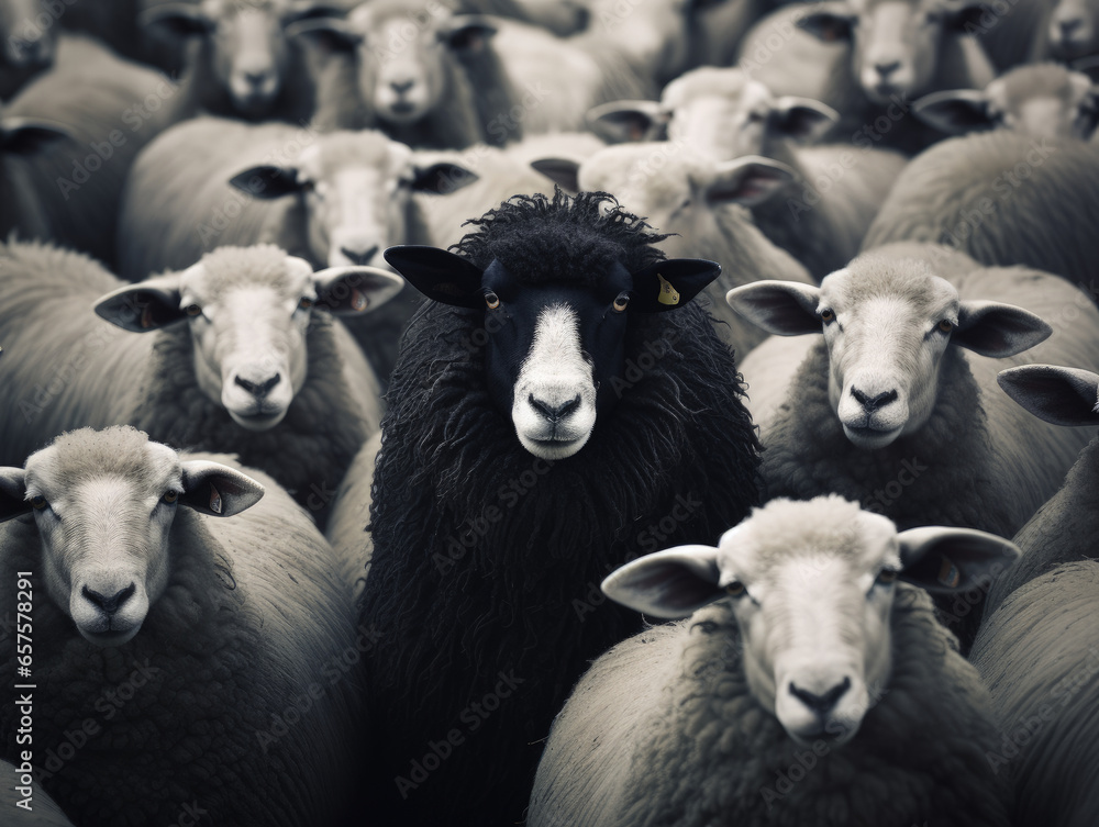 : An intriguing image featuring a black sheep within a flock of white sheep, set against a clean and uncluttered background, symbolizing uniqueness and individuality. : An intriguing image featuring a black sheep within a flock of white sheep, set against a clean and uncluttered background, symbolizing uniqueness and individuality.