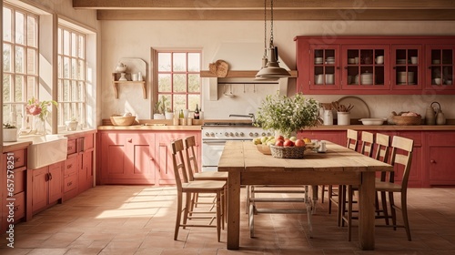 Farmhouse kitchen featuring wooden cabinets  a farmhouse sink  and a large rustic dining table