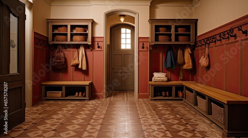 Mudroom with wooden lockers  terracotta tiles  and braided rugs