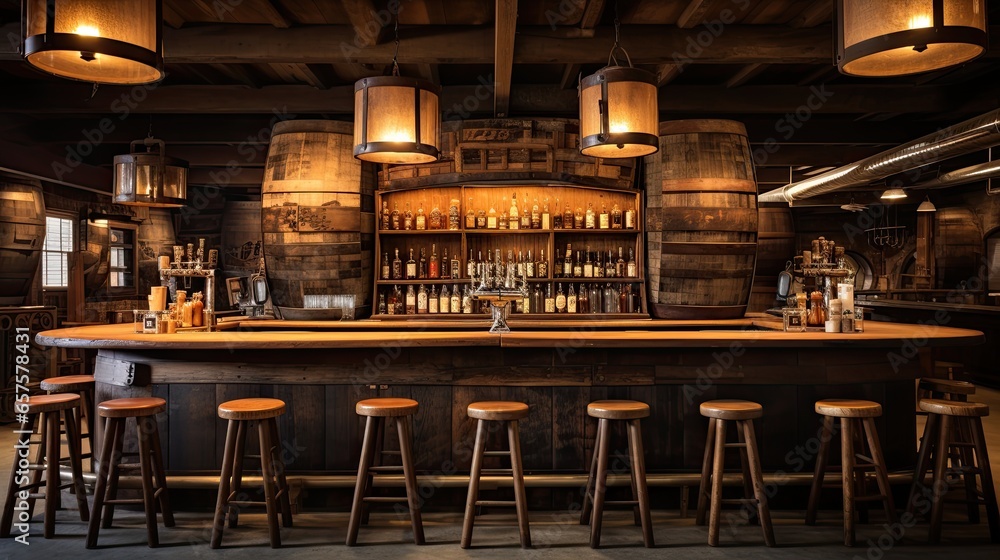 Rustic bar area with a wooden counter, barrel seats, and vintage signs