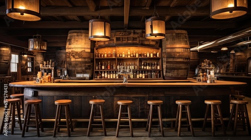 Rustic bar area with a wooden counter, barrel seats, and vintage signs © Filip