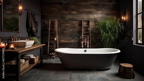 Rustic bathroom with a clawfoot tub  reclaimed wood vanity  and bronze fixtures