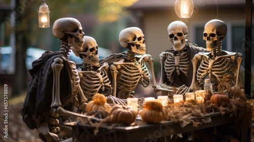 On a warm autumn night, an eerie outdoor scene of skull statues perched atop pumpkins around a table of skeletons sets a surreal and mysterious atmosphere
