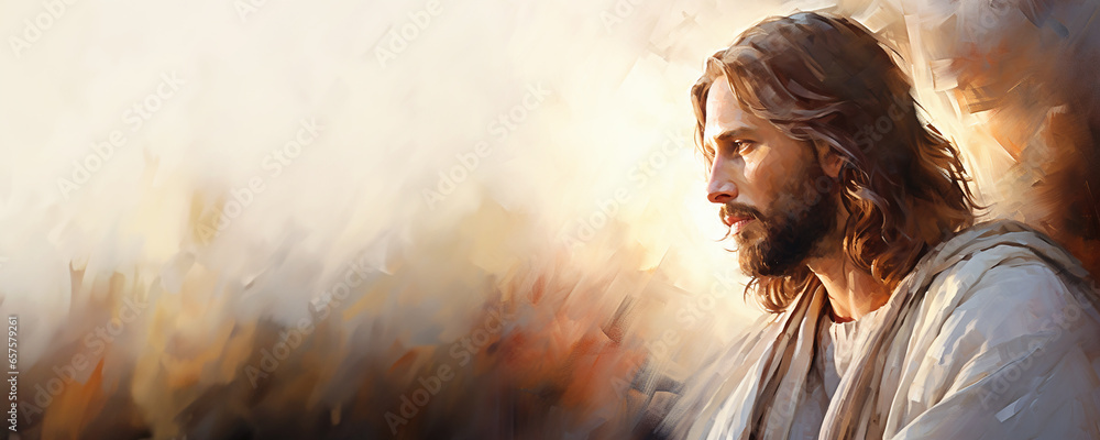 Christian banner with copy space of Jesus Christ oil painting style art - obrazy, fototapety, plakaty 