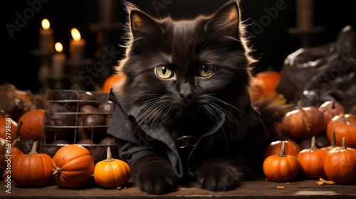 The black coat of curious feline wraps around its lithe body like a warm embrace  contrasting with the vibrant pumpkin and gourd it sits among  capturing the warmth of an autumn night spent indoors