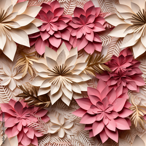 3d papercut style Christmas themed seasmless poinsettia pattern in pink and gold colors photo