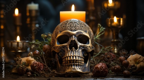 A single candle flickers atop a hauntingly beautiful skull, surrounded by a vibrant garden of lush plants