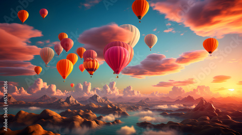 Beautiful landscape with hot air balloons 