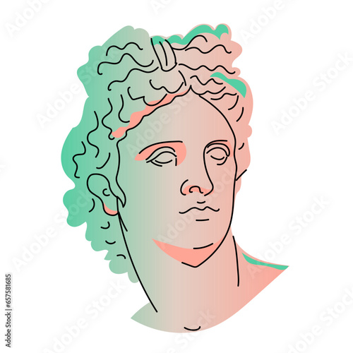 Greek head sculpture of Apollo. Ancient Olympian god. Decorative portrait with color gradient and outline. Isolated on white background. Hand drawn. Vector illustration.