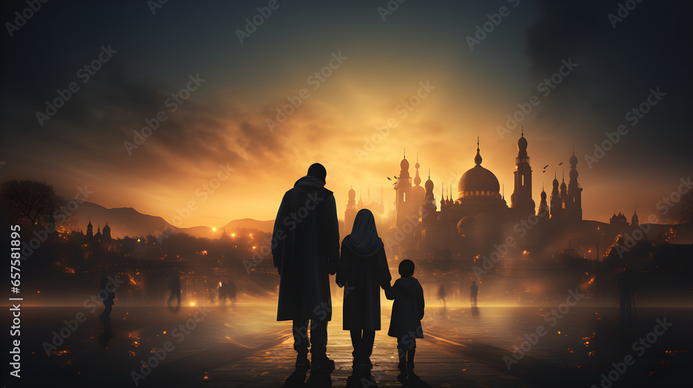Fototapeta premium Muslim family silhouettes