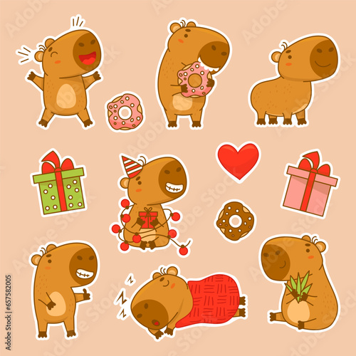 Collection sticker cute capybaras with donut and garland, gift, birthday and sleeping capibara. Vector illustration. Isolated Funny animal character rodent for design, kids collection.