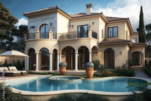 Mansion pool, big house, country house, huge pool, digital art style, illustration painting © Ihor