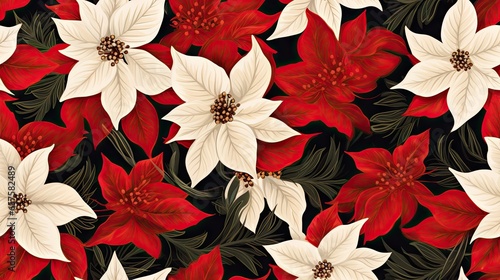  a bunch of red and white poinsettias on a black background. generative ai