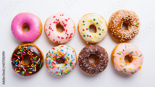 An Array of Delicious Donuts in Vibrant Colors, Perfectly Isolated Against a Clean White Background for Your Culinary Delight
