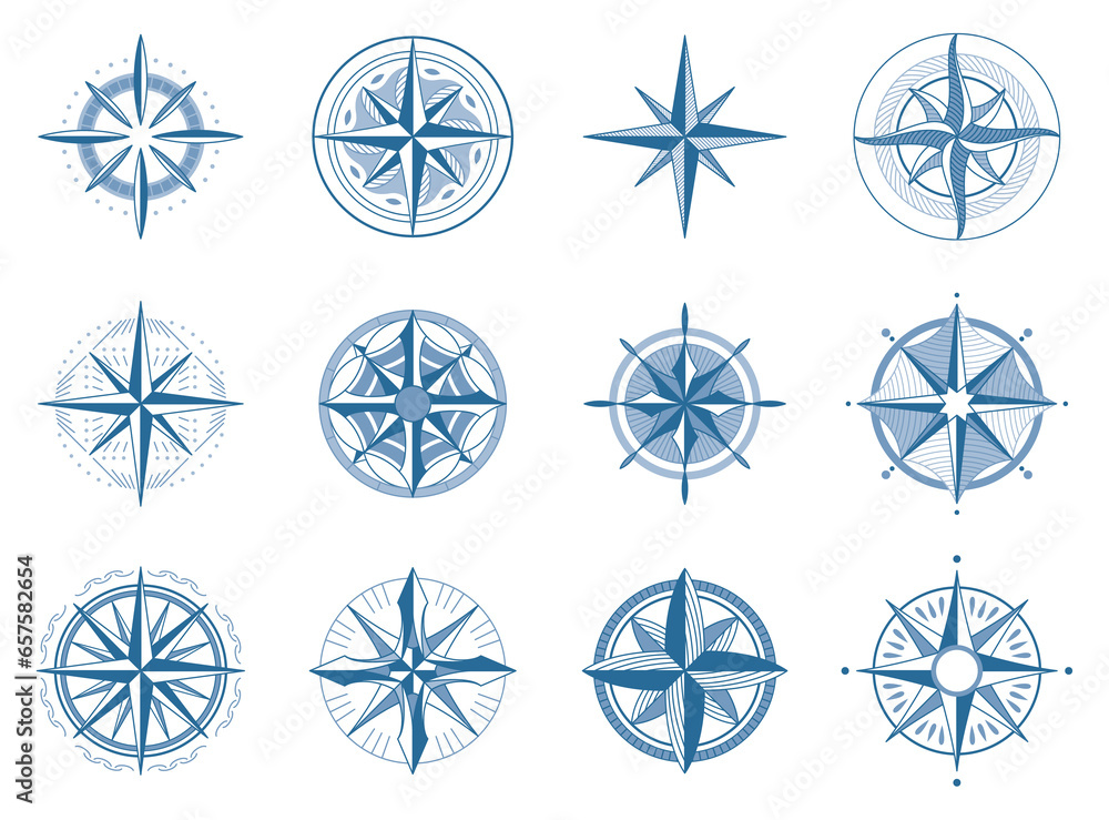 Wind rose compass set. Navigation devices with indication of the cardinal directions. Signs of  nautical compass