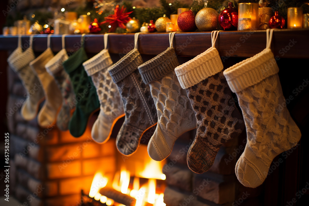 Cozy Festive Atmosphere, Close-up of Christmas Stockings Hanging by the Fireplace