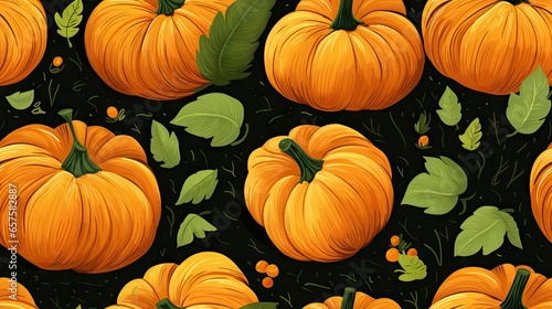  a bunch of orange pumpkins with green leaves on a black background.  generative ai