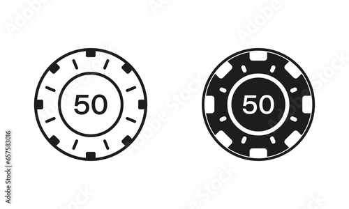 Poker Chip Line and Silhouette Icon Set. Circle Chip for Vegas Roulette Club Casino. Money Bet Token Pictogram. Lucky Coin, Play Risk Gambling Game Symbol Collection. Isolated Vector Illustration