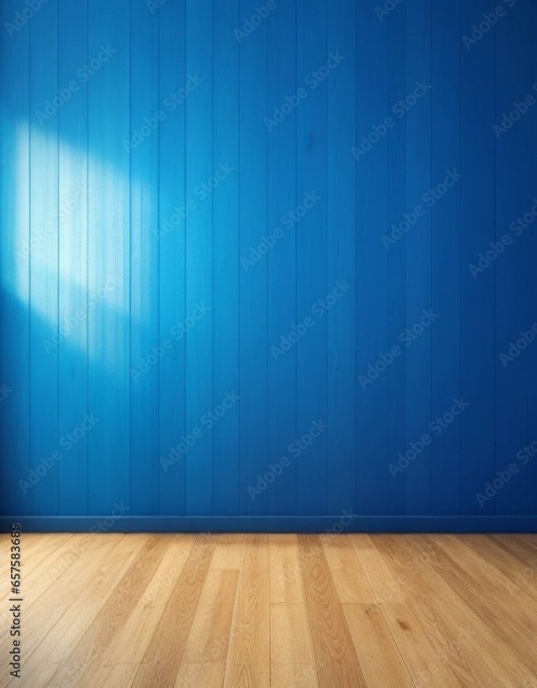Interior background of blue wall and wooden floor 